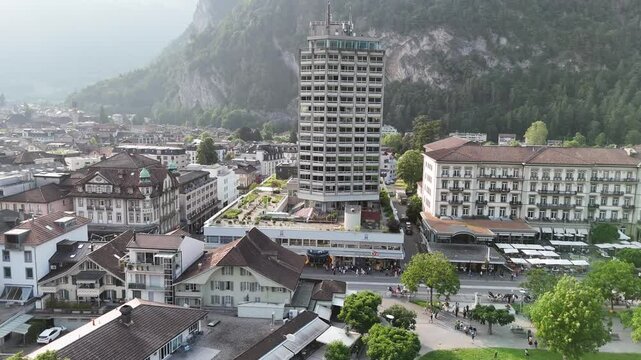 Busy Town centre Interlaken Jungfrau region Switzerland drone,aerial