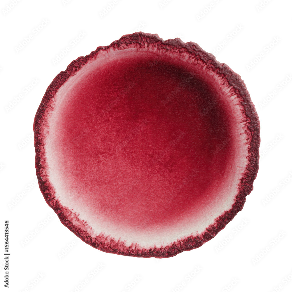 Fototapete top down view of a single grainy red circular object on transparent backdrop photorealistic