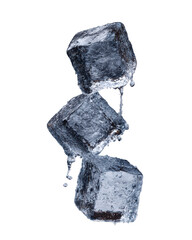 Three Translucent Ice Cubes Artfully Stacked with Dripping Water on Black Background