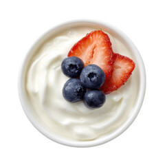 Top View White Bowl of Creamy Yogurt with Fresh Blueberries and Strawberries on Transparent