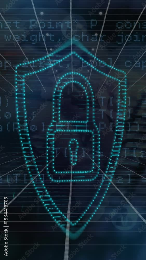 Poster animation of security padlock icon and data processing against close up of person typing on keyboard