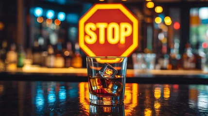 Wandcirkels Bar Whiskey cocktail with ice on a bar top reflects the neon sign, offering a moment of relaxation and enjoyment in a lively atmosphere  © Navee