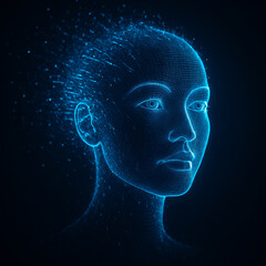 AI generated image of a glowing blue wireframe face of a female AI avatar forming in dark digital space symbolizing artificial intelligence data processing and futuristic connection
