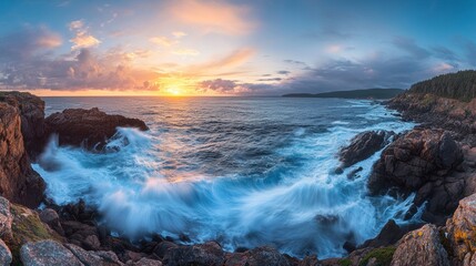 Obraz premium Vibrant sunset over dramatic ocean waves crashing against rocky coastline.