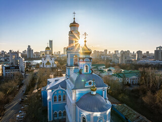 Spring or Autumn Yekaterinburg, Temple of the Ascension and Temple on Blood in beautiful clear sunset.