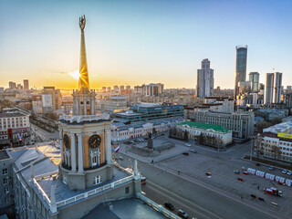 Yekaterinburg City Administration or City Hall. Central square. Evening city in the early spring, Aerial View.
