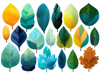 Fototapeta premium Watercolor vector leaf set with various shapes and colors, isolated on white background, detailed botanical clipart