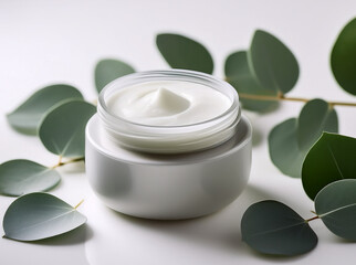 Open cosmetic cream jar with smooth texture, placed on a clean white background with fresh eucalyptus leaves. Skincare product styled for a natural, minimal look.
