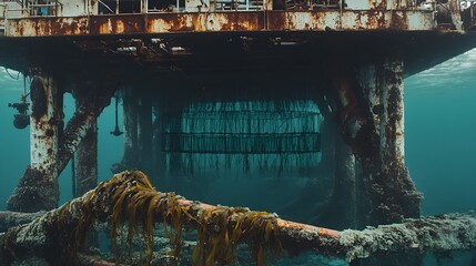Underwater View Beneath a Decaying Rusty Oil Rig with a Submerged Cage.