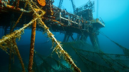 Vibrant Underwater View of a Sunken Industrial Oil Rig Reclaimed by Nature.