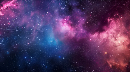 A vibrant space scene with nebulae and stars in shades of blue purple and pink creating a cosmic view