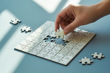 Completing Jigsaw Puzzle Hand Placing White Piece On Blueish Grey Surface