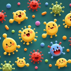 Obraz premium Colorful cartoon virus and bacteria characters with smiling faces scattered on a green background creating a whical and educational illustration for kids.