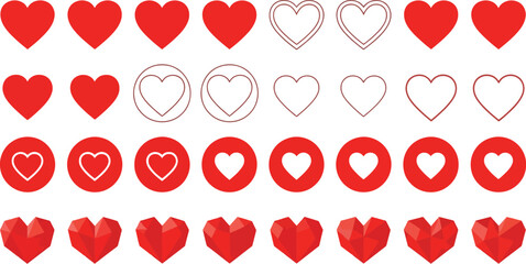 Different styles of red heart icons arranged in rows on white background