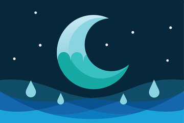Crescent moon with water-like texture above wavy blue surface and falling raindrops against a dark starry sky.