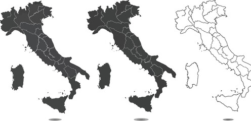 Three variations of italy map showing regions in black and outlines