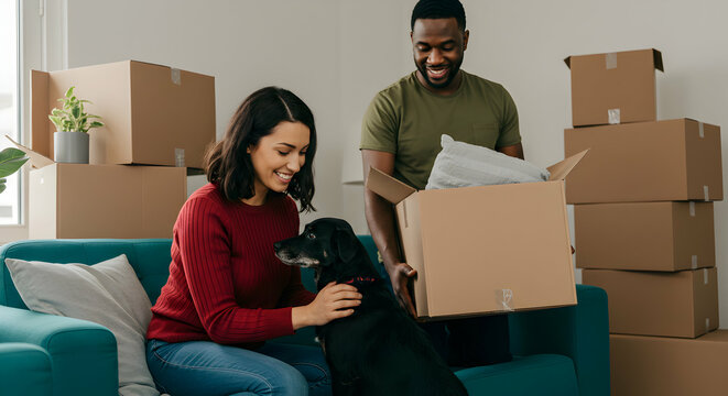 Happy couple moving into new home with their dog excited for new beginnings unpacking boxes together new house pet relocation home sweet home family moving day - Powered by Adobe
