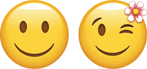 Fototapeta premium Two yellow emoji faces one smiling and one winking with a flower emoji