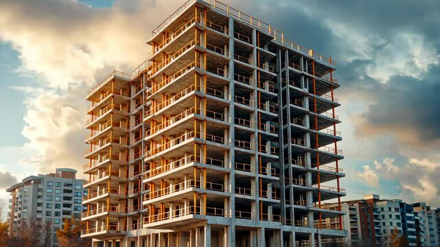Under-construction apartment building at sunset