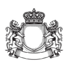 Obraz premium Heraldry in vintage style. Engraved coat of arms with crown and lion