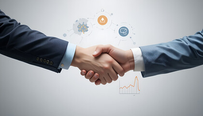 Business handshake signifies partnership, collaboration, and the exchange of ideas and technological advancements in a modern professional setting.