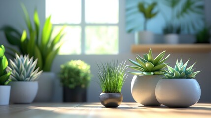 Sunlit indoor scene with various potted plants on a wooden surface.