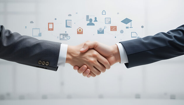 Business handshake signifies partnership, agreement, and cooperation, enhanced by innovative digital icons and connectivity.
