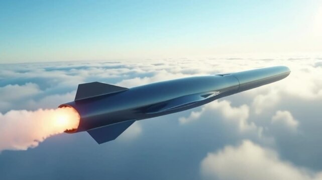 A sleek, silver, and futuristic misil hypersonico soars through the sky, piercing a thick layer of white, feathery clouds, leaving a subtle trail of condensed water vapor behind it, set