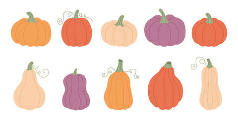 Autumn pumpkin set. Fall thanksgiving vegetables icon. Flat hand drawn vector illustration