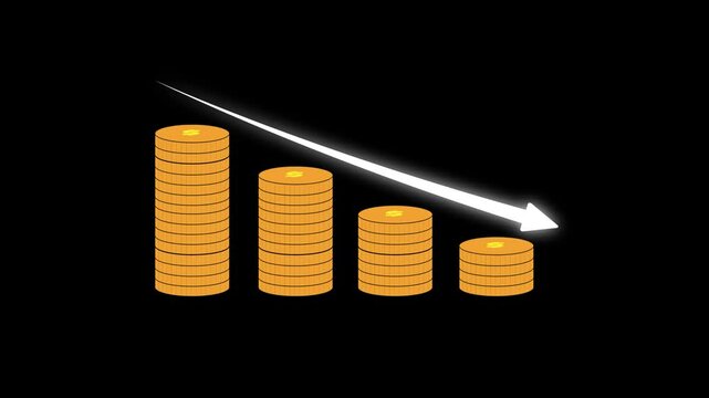 US Dollar Decline Animation, Falling Dollar Price Chart, Stock Market Inflation Rate Graph, Financial Statistics, 4K Black Screen