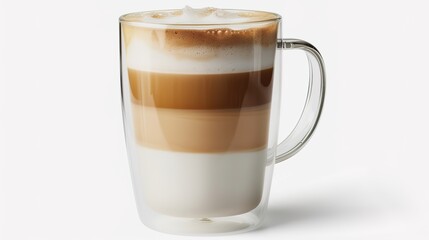 A glass mug with a beautifully layered latte sits in isolation on a pristine white background, creating a simple yet alluring coffee - themed scene that highlights the rich colors and creamy texture 