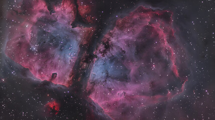 A view of the ic nebula with bright pink and blue hues surrounded by a field of stars in the night sky