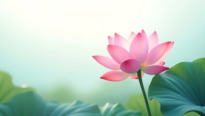 Elegant digital illustration of a blooming pink lotus flower with large green leaves, softly lit with a white-to-aqua gradient background. Represents peace, mindfulness, and natural beauty.

