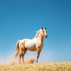 Obraz premium Majestic Palomino Horse Standing Proudly on Hilltop Against Clear Blue Sky