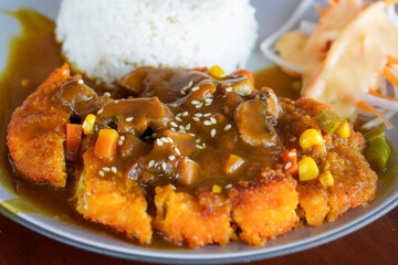 Chicken Katsu Curry, Indonesia, captured on July 4, 2025. Crispy breaded chicken served with Japanese-style curry sauce and rice for a savory and comforting meal.