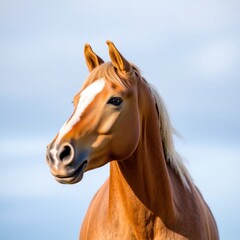 Majestic Palomino Horse Portrait: Golden Coat, Blue Sky, Elegant Pose.