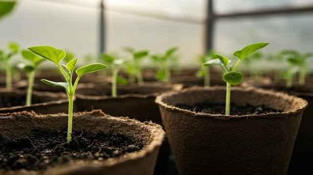 Small seedlings growing in biodegradable compostable pots inside a greenhouse