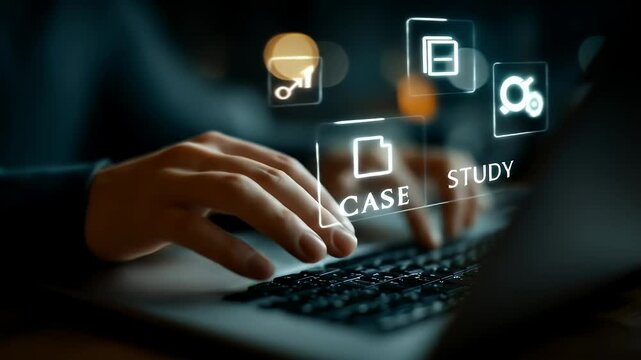 Person Typing on Laptop with Glowing Icons Representing Digital Document and Study with Blurred Dark Background