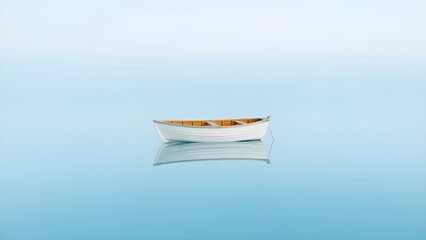 Single White Boat Floating on Still Blue Water with Clear Reflection