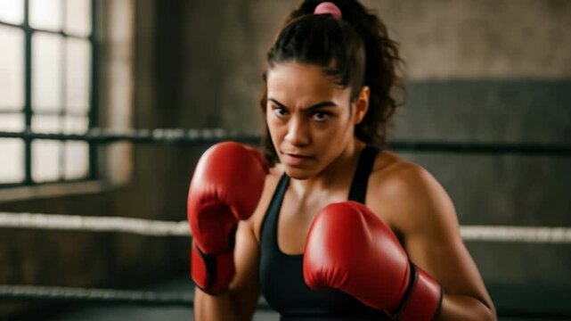 Dynamic video still of a female boxer in a gym, captured from a low angle. She wears red gloves, exuding determination and focus.