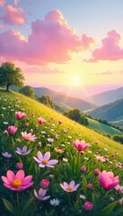 Fototapeta premium Pastel Sunrise over Rolling Hills and Wildflowers Peaceful Easter Background