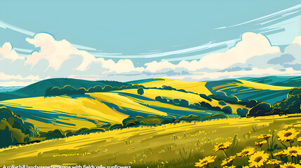 Illustration of rolling hills with yellow fields and sunflowers under a cloudy blue sky art