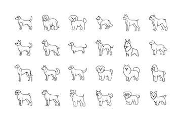 Dog Breeds Line Icons Set. Poodle, Bulldog, Pomeranian, Dachshund, Beagle, German Shepherd, Shih Tzu, and More vector illustration.