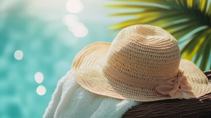 Straw hat and towel by a poolside.