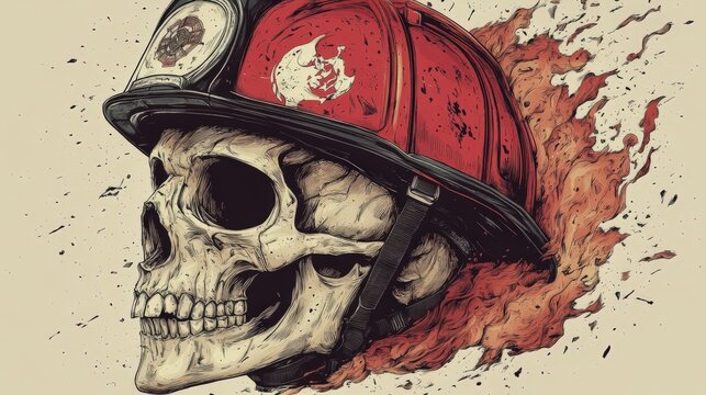 Sketch of skull in firefighter helmet with flames.