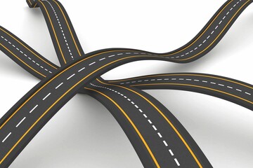 Flat design asphalt road network is weaving on white plane with dashed lines and yellow edges
