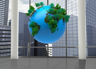 3D render is showing stylized Earth globe with tree clusters before glass windows on polished floor