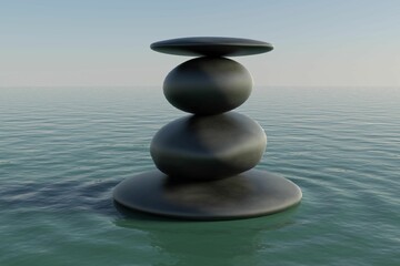 smooth dark stone stack is rising from calm water with gentle ripples in vector illustration
