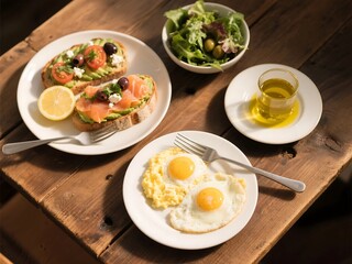 Two scrambled eggs, smoked salmon, sourdough avocado toast and side salad with tomato, olives and lots of feta topped with fresh herbs, lemon juice and olive oil