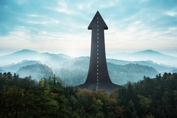 Fototapeta premium Surreal flat design is showing giant asphalt arrow-road rising through misty forest canopy hills